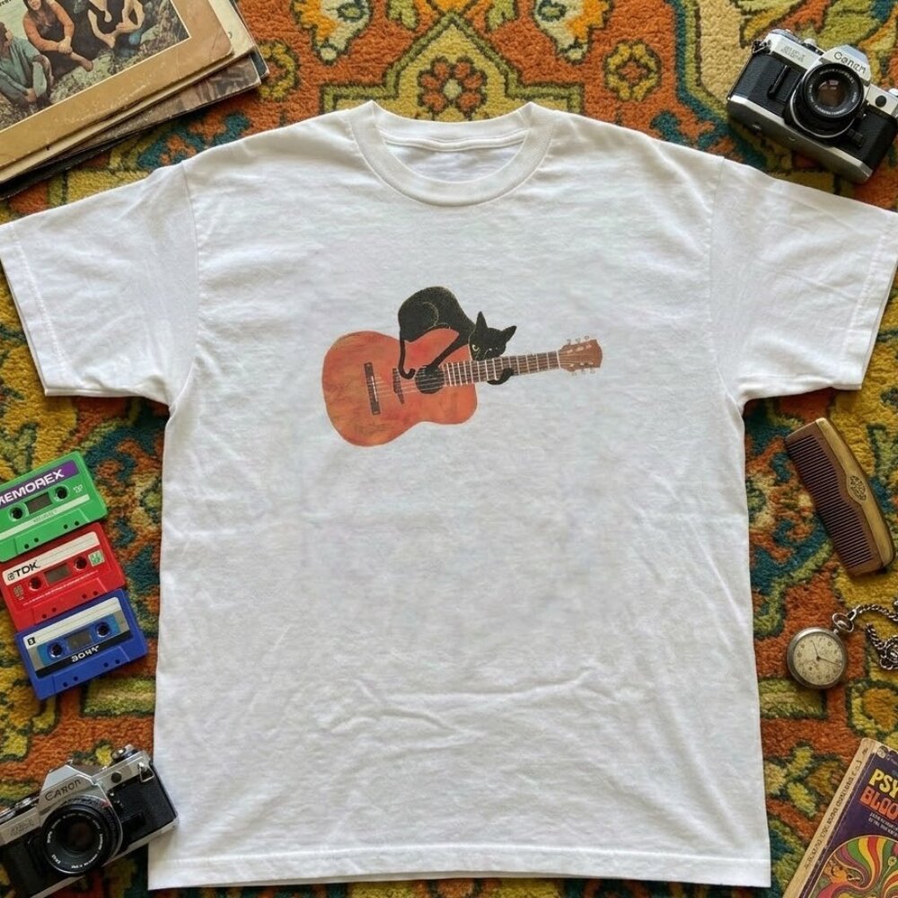 Black cat on the guitar T- shirt